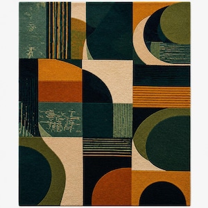 Tappeto geometrico astratto / Tappeto patchwork nei toni del verde acqua, senape e blu navy / Soggiorno in stile metà secolo