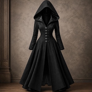 May include: A long, black hooded coat featuring a fitted bodice, long sleeves, and a flared, floor-length skirt. The front of the garment is secured with a vertical row of five metallic buttons, and the hood is large with a smooth, dark interior lining.