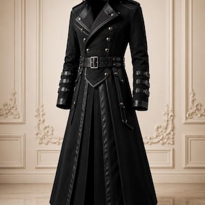 May include: A long black coat featuring a double-breasted front with metallic buttons, a wide buckled waist belt, and three buckled straps on each sleeve cuff. The garment includes structured lapels, shoulder epaulets, and vertical leather-like trim.