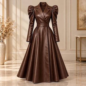 May include: A dark brown leather coat featuring a notched lapel collar, long sleeves with gathered puff shoulders, and a matching belt at the waist. The coat has a fitted bodice and a full, floor-length skirt with a clean, smooth finish throughout.