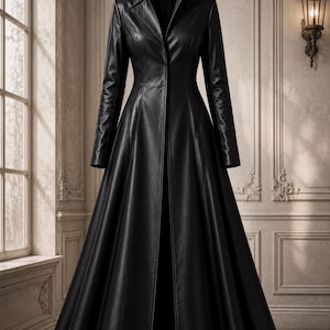 May include: A floor-length black leather coat featuring a structured high collar, long sleeves, and a fitted bodice that flares into a full, sweeping skirt. The coat has a clean, button-front closure and vertical seam detailing throughout the design.