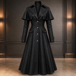 May include: A long black coat featuring a structured capelet overlay, a pointed collar, and a single-breasted front closure with five metallic buttons. The garment includes long sleeves with buttoned cuffs and two flap pockets at the waistline.