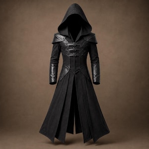 May include: A black hooded long coat featuring structured shoulder panels, long sleeves with leather-like forearm sections, and a front closure secured by three horizontal straps with metal buckles. The garment has a flared, paneled skirt design.