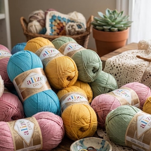 Peut inclure: Une collection de pelotes de fil Alize Diva dans diverses couleurs, notamment crème, rose, jaune et vert sauge. Chaque pelote porte une étiquette en papier avec le texte Alize Diva. Un crochet en bois repose sur un tissu en crochet blanc.