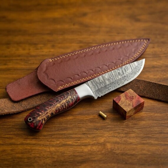 Custom Hand-Forged Damascus Skinner Knife | Stabilized Burl Wood Handle Fixed Blade | EDC Hunting Knife with Tooled Leat