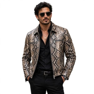 Heren leren jas met slangenprint, bikerjack, statement luxe bovenkleding