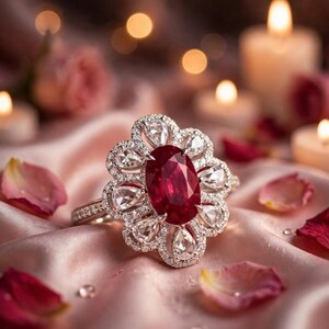 Sterling Silver 925 Cocktail Ring, Red Ruby Oval Stone, Flower Halo Diamond Zircon, Luxury Statement Ring for Women, Engagement Ring