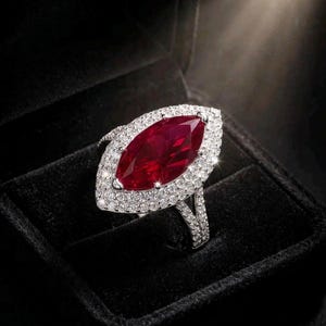 Luxury Ruby Red Marquise Zircon Ring, Diamond Halo, 925 Silver Plated, Elegant Statement Ring for Women, Anniversary Gift
