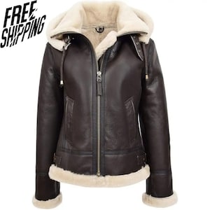Women's Black Shearling Aviator Biker  Winter Fur Lined Motorcycle Coat  Genuine Sheepskin Leather Jacket