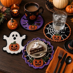 May include: A collection of four round and shaped crochet coasters featuring Halloween themes including a white ghost with a pumpkin, a black spider web with a pumpkin, and purple designs with pumpkins, witches, and bats, arranged on a dark surface.