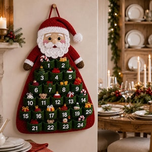 May include: A crocheted Santa Claus wall hanging serving as an advent calendar. The red and white Santa figure features a beard and hat, with twenty-four green pockets numbered one through twenty-four, each containing small crocheted ornaments.