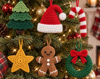 May include: A set of six crocheted Christmas ornaments including a green tree, a red and white Santa hat, a red and white candy cane, a yellow star, a brown gingerbread person, and a green wreath with a red bow, all with hanging loops.