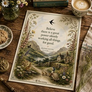 Puede incluir: Una lámina rectangular con una ilustración de paisaje que muestra una casa de piedra, un lago, montañas, un conejo y un pato. El texto dice: Believe there is a great power silently working all things for good. Beatrix Potter. Becoming.