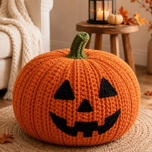 May include: A large, round, orange crochet pumpkin floor cushion featuring a textured ribbed surface, a green crocheted stem, and a black crocheted jack-o'-lantern face with two triangular eyes, a small triangular nose, and a wide, jagged grin.