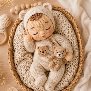 Può includere: Una bambola fatta all'uncinetto con un'espressione addormentata, che indossa una tutina color crema con un'applicazione a forma di orso e un cappellino abbinato con orecchie da orso. La bambola tiene un piccolo orsetto all'uncinetto marrone.