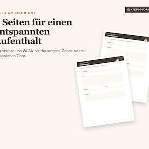 Könnte beinhalten: Eine digitale Dokumentenvorlage mit zwei überlappenden Seiten und einer dunkelbraunen Kopfzeile mit der Aufschrift Willkommen. Der Text lautet ALLES AN EINEM ORT, 8 Seiten für einen entspannten Aufenthalt, Von Anreise und WLAN bis Hausregeln, Check-out und persönlichen Tipps sowie ECHTE PDF-VORSCHAU.