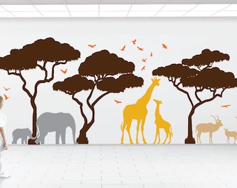 Africa Safari Tree Wall Decal Set Elephant Giraffe Impala Birds Kids Room Nursery Decor Removable #1394