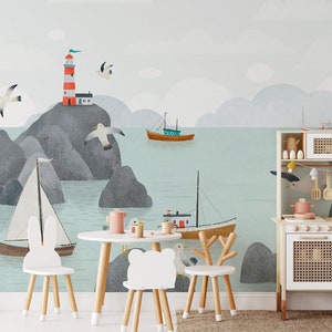 By the Sea Wallpaper Watercolor Peel and Stick Self Adhesive Nursery Décor Fabric Seagulls Boats Sail Beach Decal - Custom Sizes Mural #3246