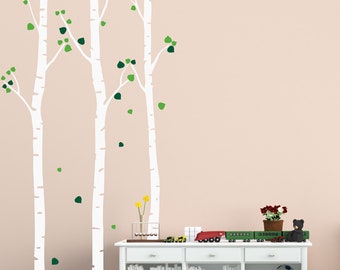 Birch Tree Wall Decal Set of 3 Woodland Trees Nursery Forest Stickers Removable with Leaves Art #1505