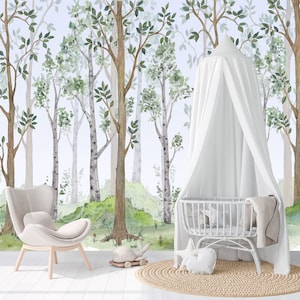 Carta da parati con alberi di betulla e acquerello, decorazione per la cameretta dei bambini, in tessuto, animali del bosco, rimovibile e riutilizzabile - murale personalizzato n. 3130
