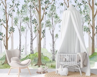 Peel And Stick Watercolor Birch Tree Forest Wallpaper Nursery Décor Fabric Woodland Animals Decal Removable Reusable - Custom Mural #3130