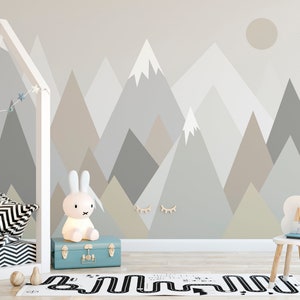 Mountain Range Peel and Stick Wallpaper Self Adhesive Nursery Art Décor Fabric Kids Neutral Sky - Custom Sizes and Colors Mural #3161