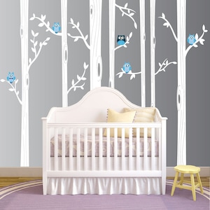 Nursery Birch Tree Wall Decal Set With Owl Birds Forest Vinyl Sticker, Birch Tree Wall Decal, Birch Tree Decal Baby Boy Whimsical Owls #1321