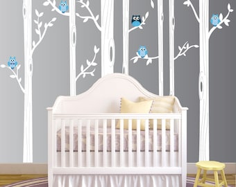 Birch Tree Wall Decal, Nursery Birch Tree Wall Decal Set With Owl Birds Forest Vinyl Sticker, Birch Tree Decal Baby Boy Whimsical Owls #1321