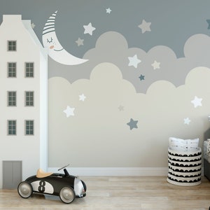 Peel and Stick Clouds Stars Moon Wallpaper Night Sky Nursery Playroom Décor Fabric Custom Colors - Custom Sizes Mural #3177