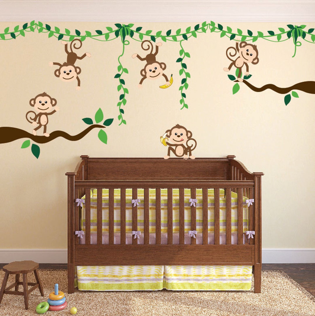 Monkey Jungle Tree Vine Forest Wall Decal Safari Birds Sticker Nursery ...