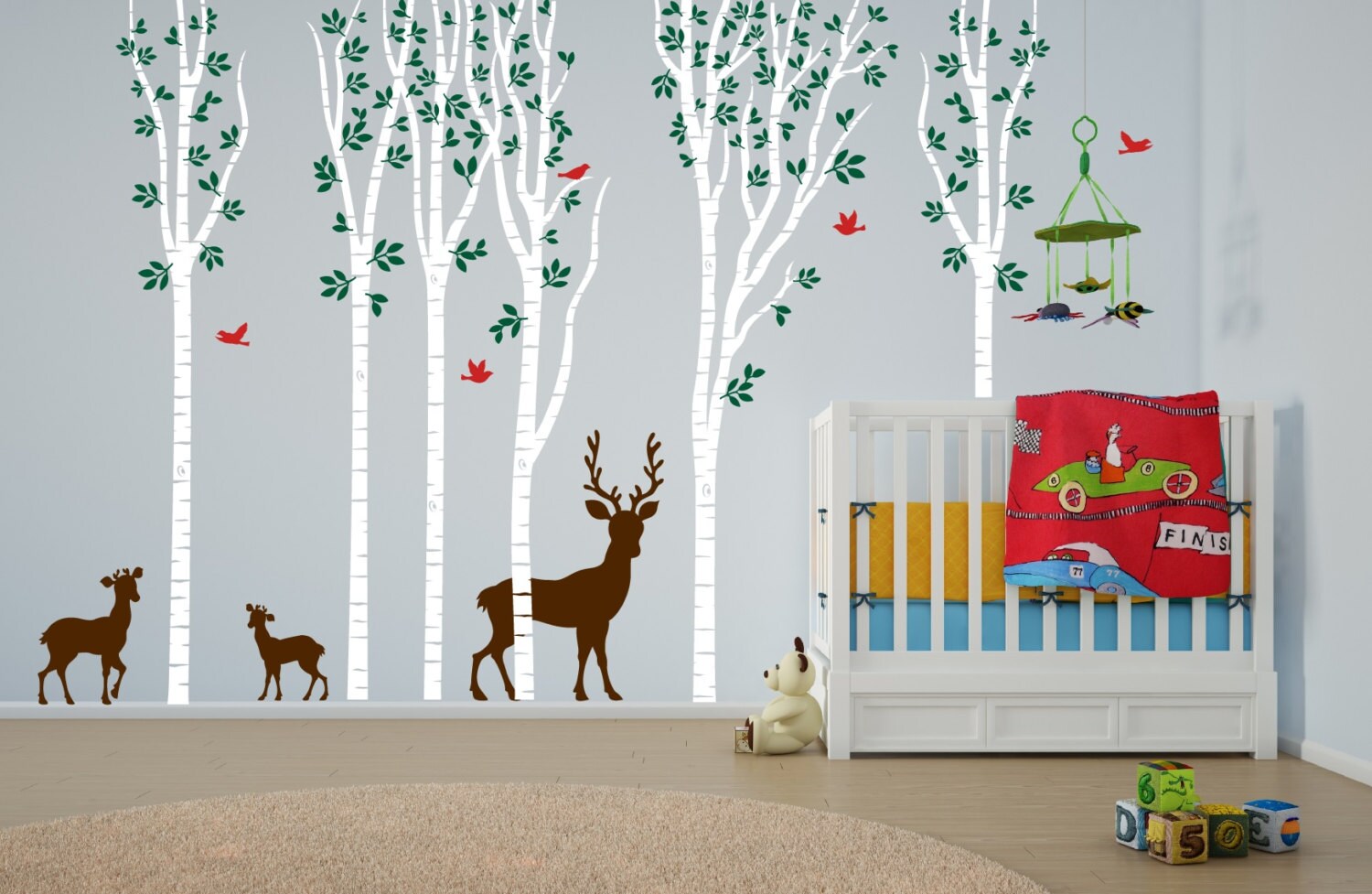 Birch Tree Wall Decal Forest With Birds, Baby Deer Vinyl Sticker ...