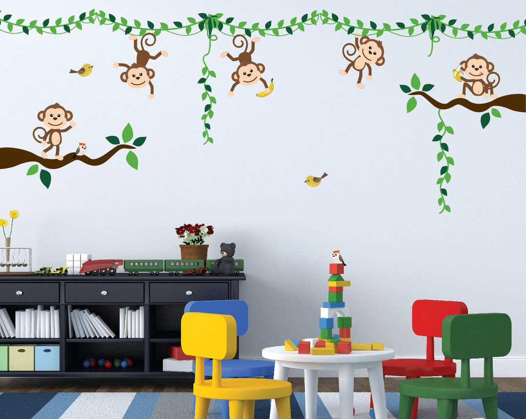 Monkey Jungle Tree Vine Forest Wall Decal Safari Birds Sticker Nursery ...