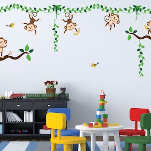 Monkey Jungle Tree Vine Forest Wall Decal Safari Birds Sticker Nursery Kids Room Decor Tropical Banana Set #3018