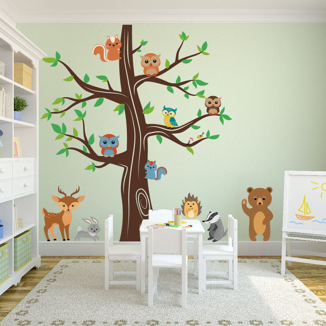 Nursery Woodland Animals Wall Kids Decal Forest With Bear Deer Rabbit ...