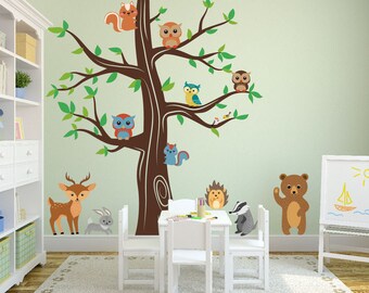 Nursery Woodland Animals Wall Kids Decal Forest with Bear Deer Rabbit Porcupine Birds Owls Squirrels and Badger Sticker Removable #1337