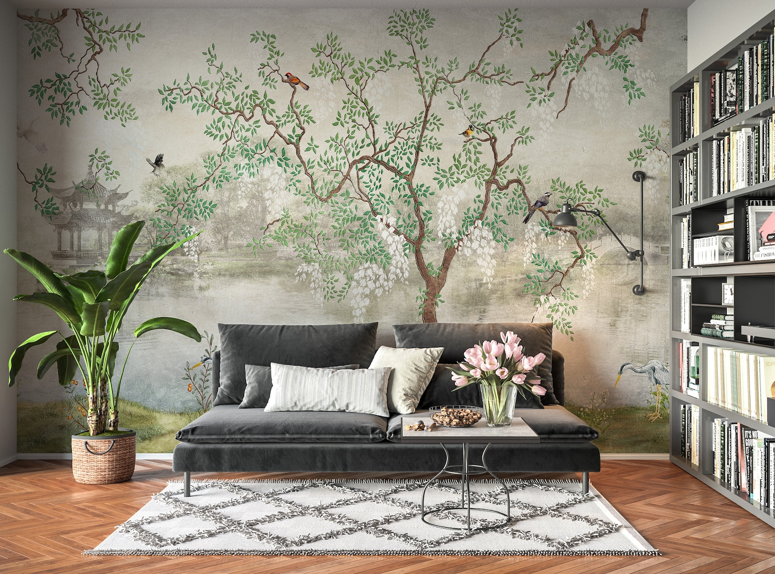 Japanese Peel and Stick Wallpaper Mural Tree Lake Chinoiserie Garden