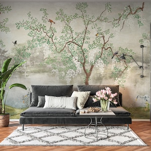 Japanese Peel and Stick Wallpaper Mural Tree Lake Chinoiserie Garden Cherry Blossom Décor Nursery Watercolor Asian Wall Custom Sizes #3145