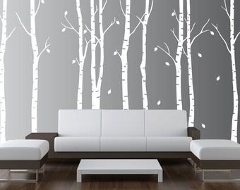 Birch Tree Wall Decal Nursery Forest Vinyl Sticker Removable Animals Branches Art Stencil Leaves (9 trees) #1263