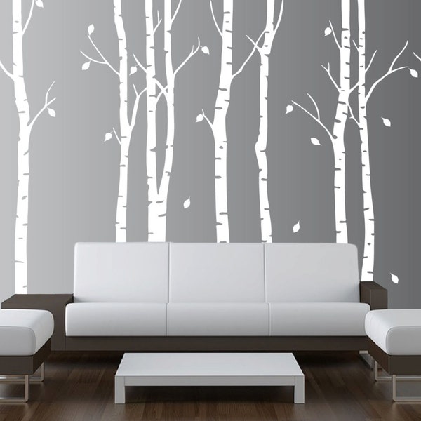 Birch Tree Wall Decal Nursery Forest Vinyl Sticker Removable Animals Branches Art Stencil Leaves (9 trees) #1263