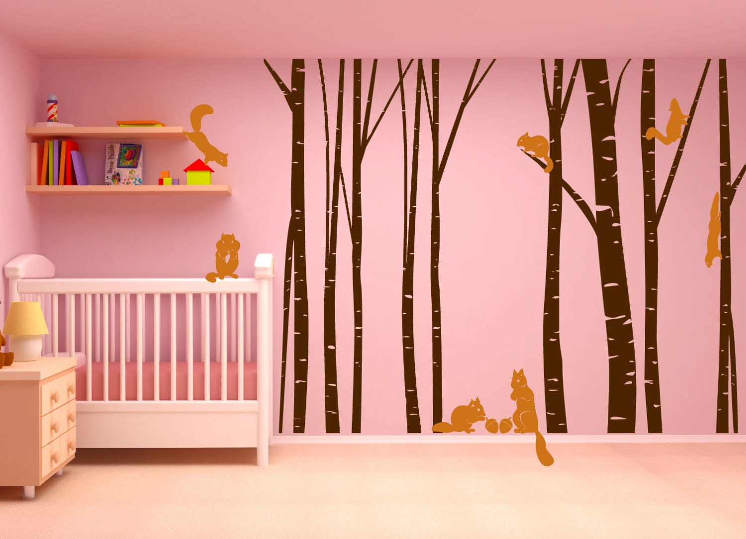 Nursery Birch Tree Wall Decal Forest With Squirrels Vinyl Etsy