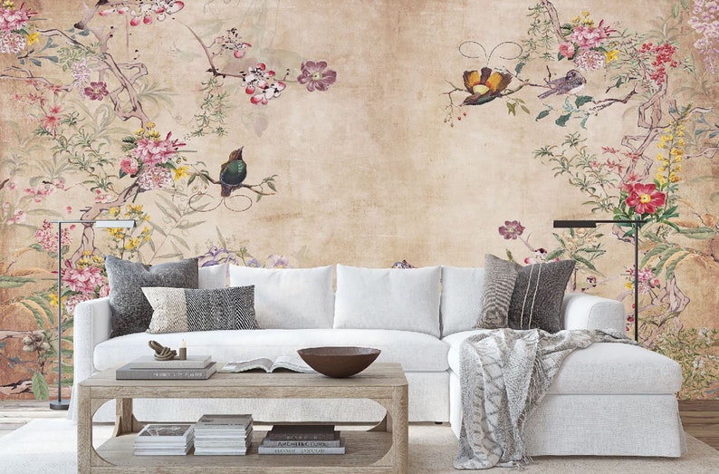 Chinoiserie Peel and Stick Wallpaper Vintage Mural Turquoise Etsy