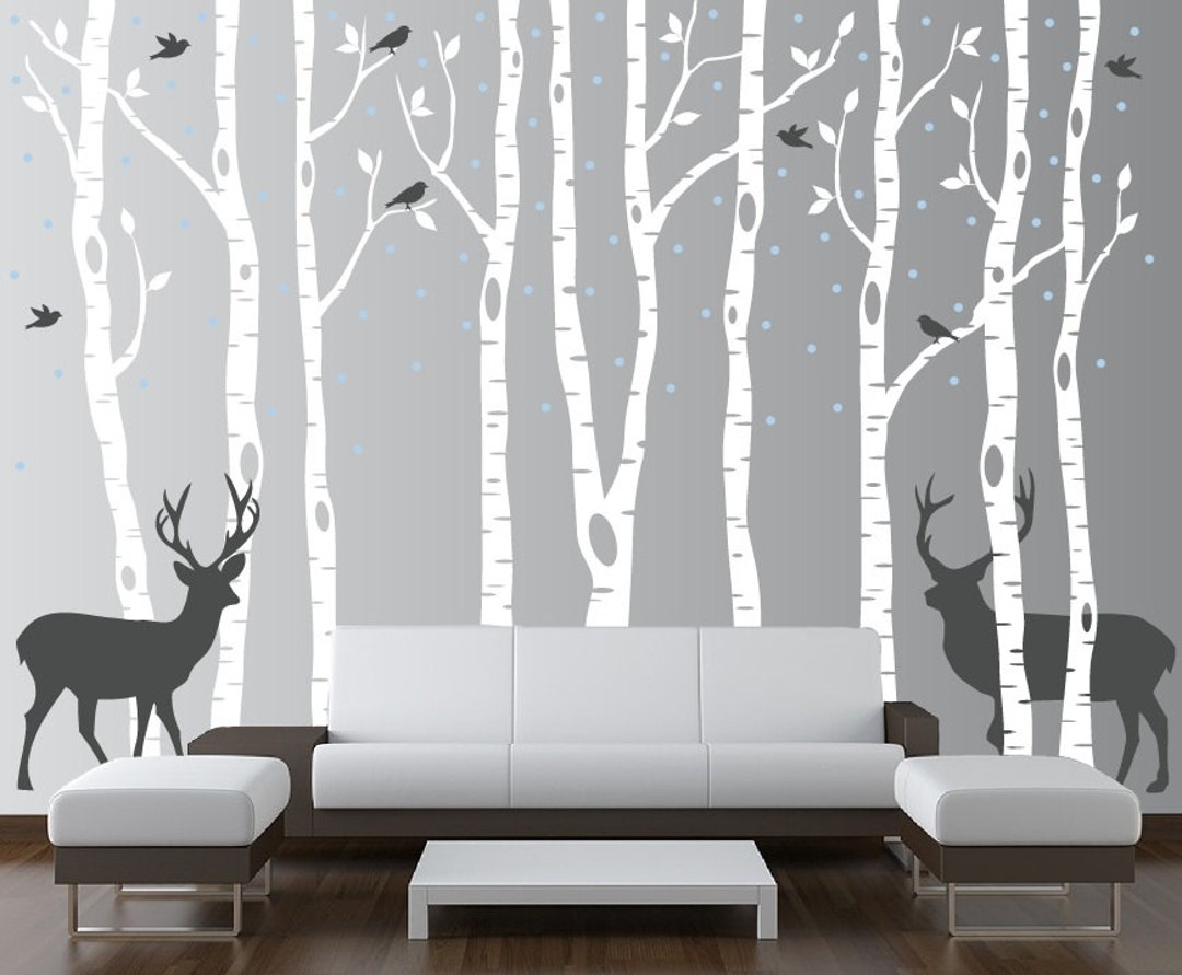 Nursery Birch Tree Wall Decal Forest With Snow Birds and Deer Vinyl ...
