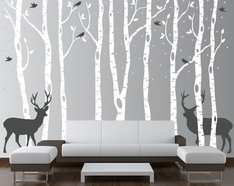 Nursery Birch Tree Wall Decal Forest with Snow Birds and Deer Vinyl Sticker Removable (9 trees) 1161