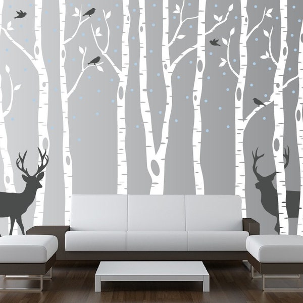 Nursery Birch Tree Wall Decal Forest with Snow Birds and Deer Vinyl Sticker Removable (9 trees) 1161