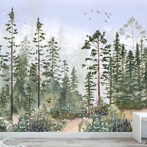 Woodland Watercolor Peel and Stick Wall Mural Fairy Pine Tree Kids ...