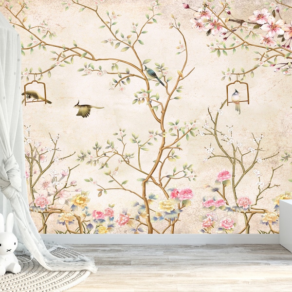 Chinoiserie Peel and Stick Wallpaper Mural Cream Soft Pink Blush Vintage Cherry Blossom Tree Décor Asian Wall Art - Custom Sizes Mural #3194