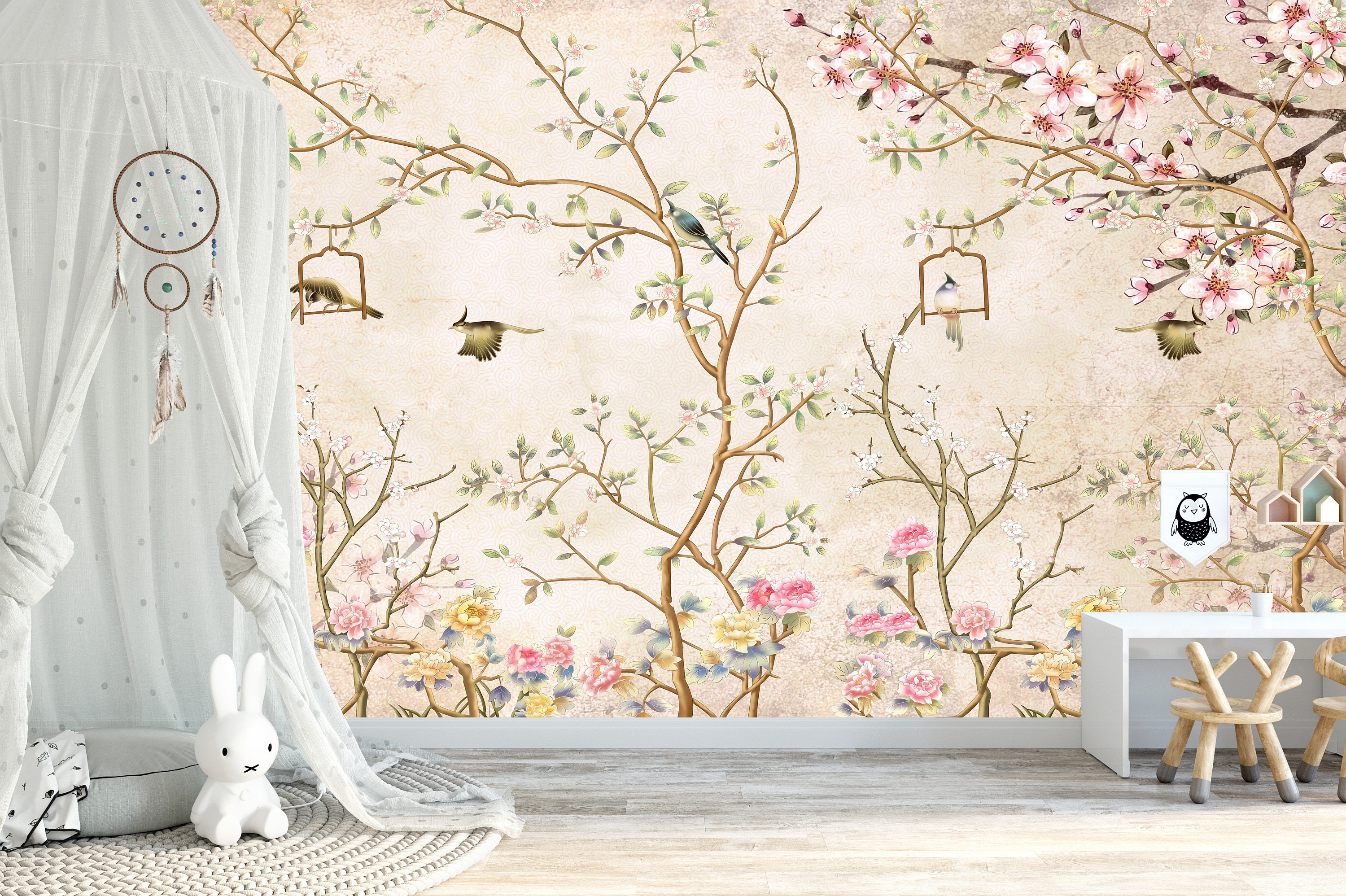 Chinoiserie Peel and Stick Wallpaper Mural Cream Soft Pink Etsy Australia