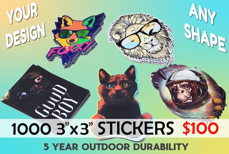1000 Custom Vinyl Stickers Decals with Your Design Pictures Logo Cut To Any Shape, UV Ink Waterproof Contour Die Cut Labels Dishwasher Safe image 1