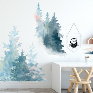 Watercolor Pine Forest Wall Decals Trees Fabric Nursery Woodland Decal Set, Peel and Stick 10 Decals included #3082