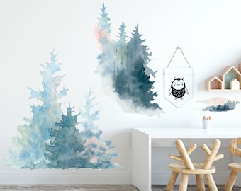 Watercolor Pine Forest Wall Decals Trees Fabric Nursery Woodland Decal Set, Peel and Stick 10 Decals included #3082